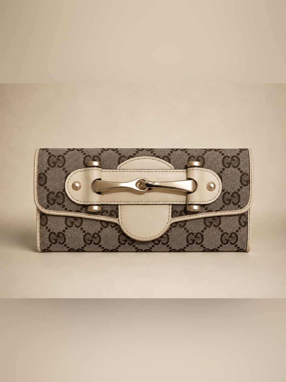 Gucci GG Canvas Horsebit Long Wallet Cream Brown Flap Wallet - Picture 1 of 11